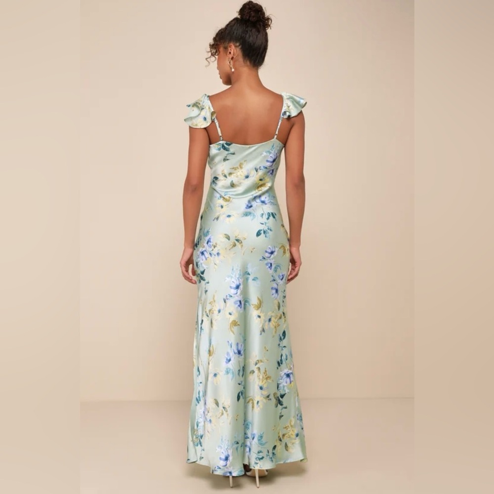 Floral Satin V-Neck Maxi Dress in Pale Mint - Picture 2 of 5